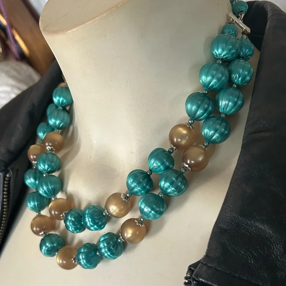Vintage Double-Strand Green & Gold Bead Necklace